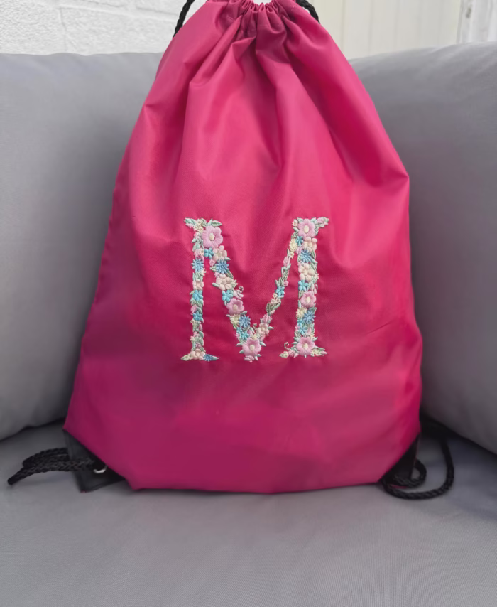Personalized Embroidered Drawstring Gym Bag: Floral Initial Monogram Sports or PE bag