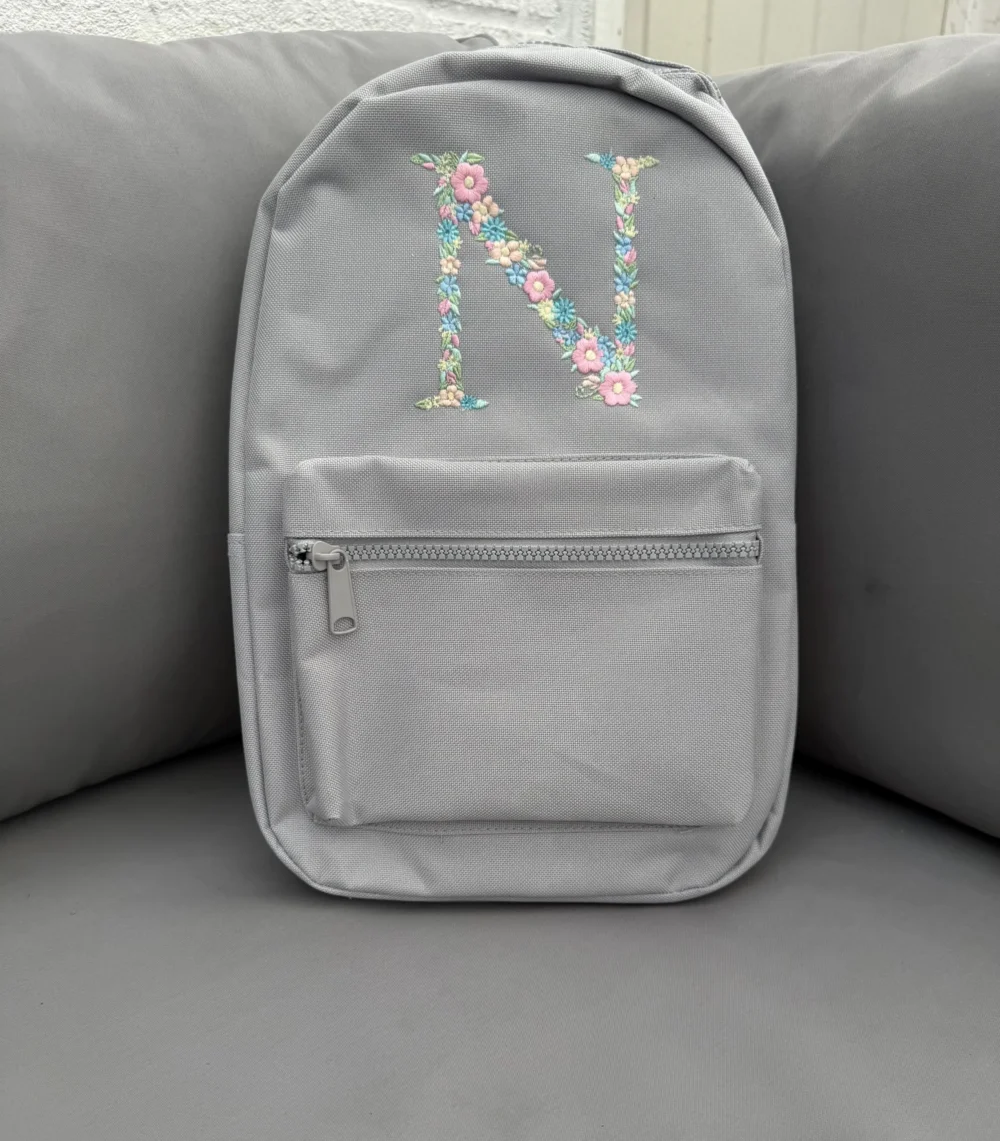 Personalized Kids Embroidered Backpack: Floral Initial School Bag