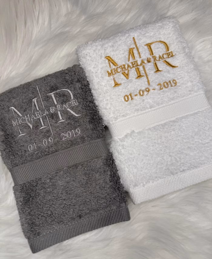 personalised embroidered wedding favour face towels with name and date