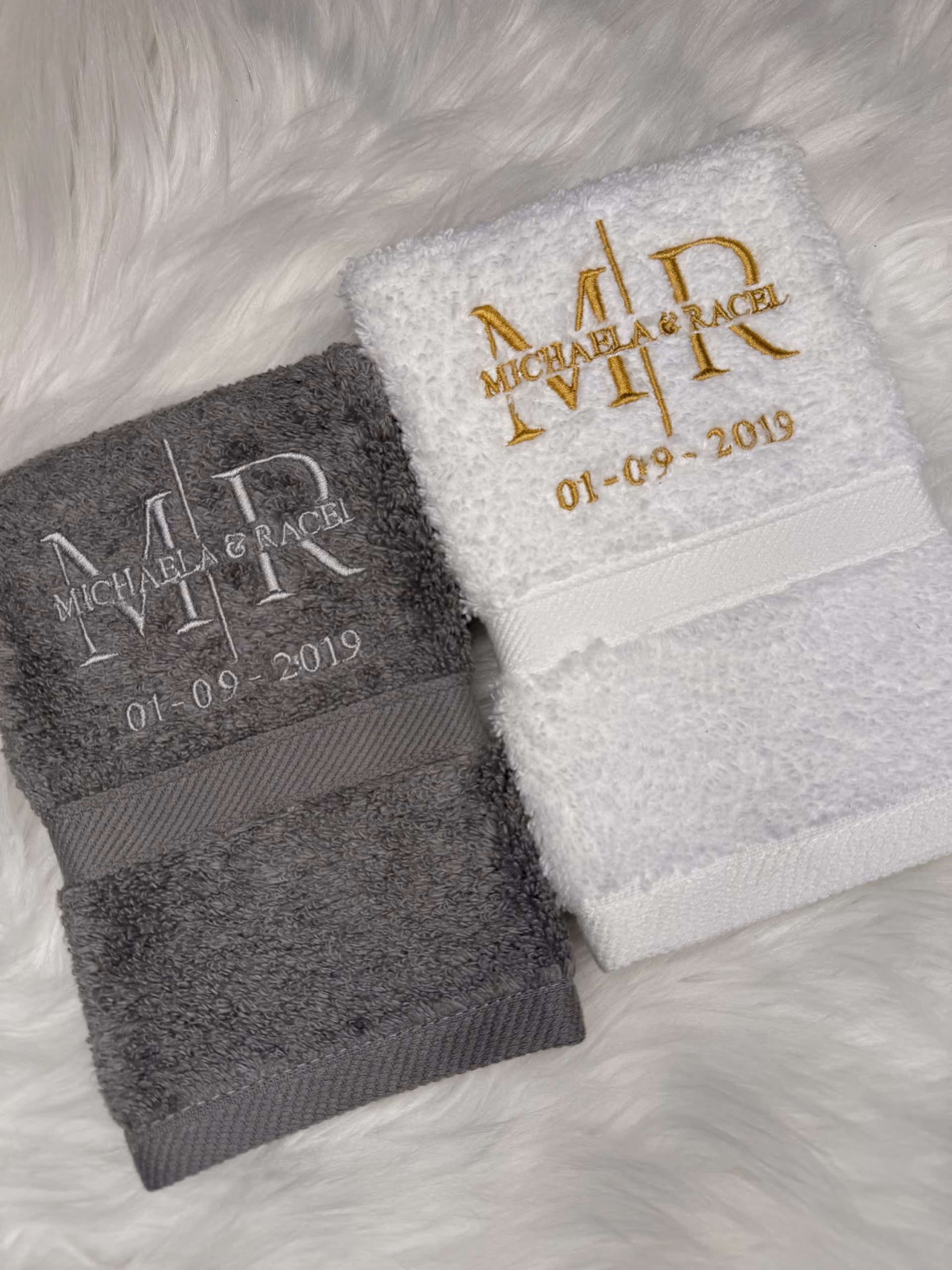 personalised embroidered wedding favour face towels with name and date