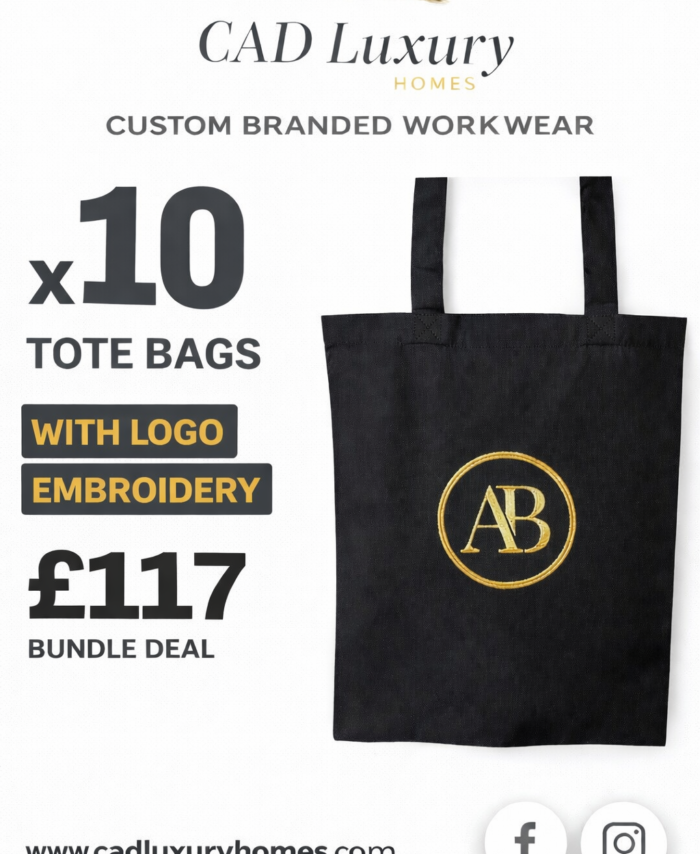 Black custom tote bag with gold embroidered logo, part of a 10-piece branded tote bag bundle deal by CAD Luxury Homes priced at £117, ideal for business branding and promotional use.