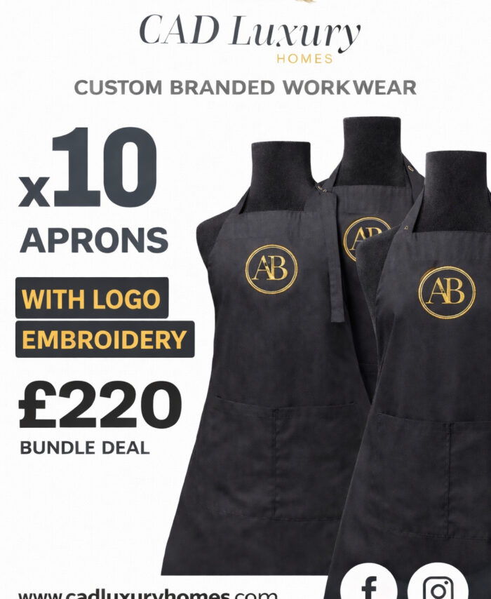 Set of 10 black custom branded aprons with gold logo embroidery displayed on mannequins, workwear bundle deal for businesses by CAD Luxury Homes priced at £220