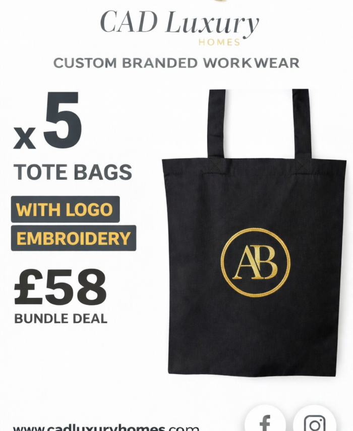 Black custom tote bag with gold embroidered logo, part of a 10-piece branded tote bag bundle deal by CAD Luxury Homes priced at £117, ideal for business branding and promotional use.
