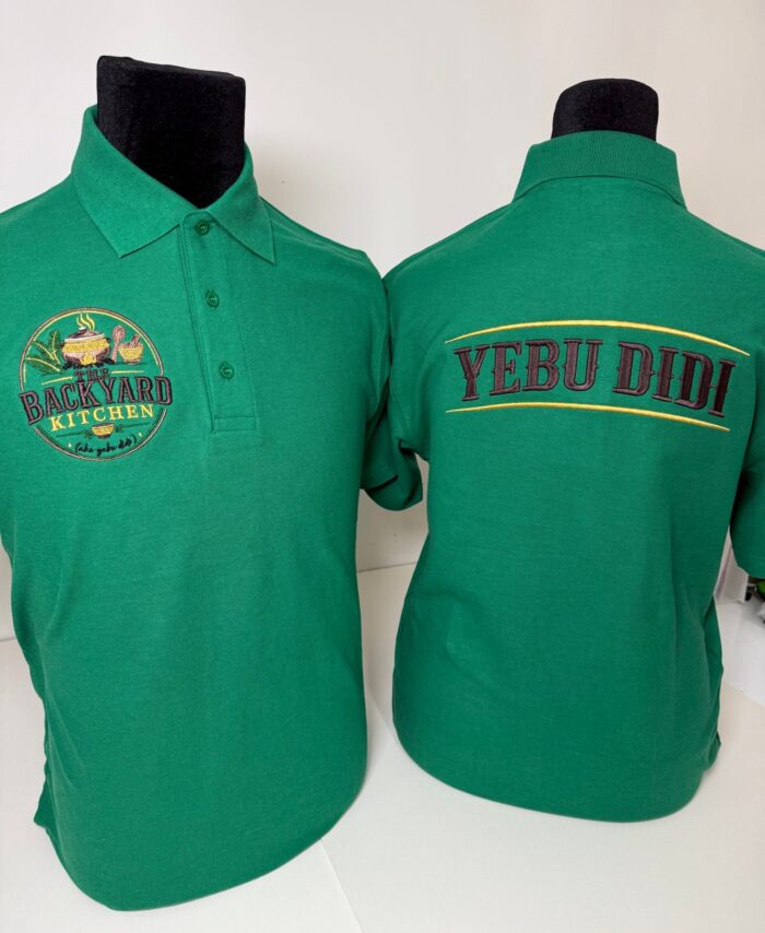 Close-up of premium green embroidered polo tops featuring the “Yebu Didi” logo on the left chest. Smart and professional short sleeve polo shirts designed for restaurant staff, food businesses, catering teams, and hospitality uniforms. High-quality embroidery with a clean finish on soft, comfortable fabric, displayed neatly for a modern branded workwear look